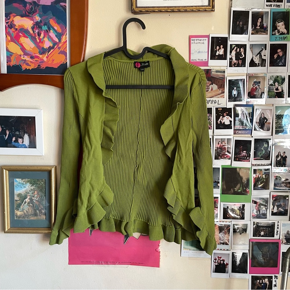 adorable y2k 2000s frilly ruffled lime olive green ribbed cardigan